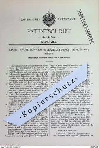 original Patent - Joseph André Tonnart , Levallois Perret , Seine , Frankreich | 1903 | Mikrophon , Mikrofon | Musik !!