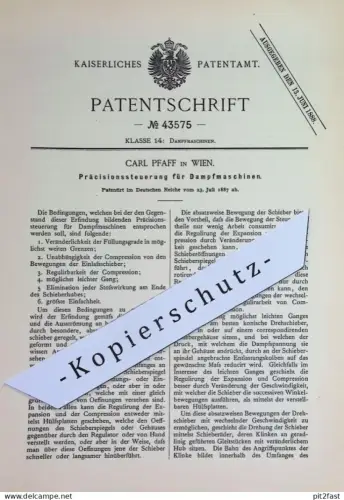 original Patent - Carl Pfaff , Wien , Österreich | 1887 | Präzisionssteuerung für Dampfmaschinen | Motor - Steuerung !!