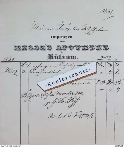 Apotheke Hesse in Bützow , 1844 , altes Dokument , Mecklenburg  !!