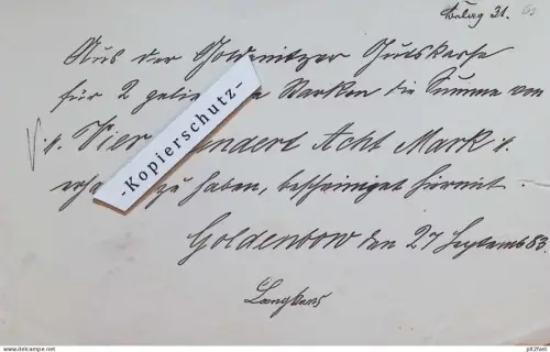 Langhans in Goldenbow , 1883 , altes Dokument , Gutshaus ,  Mecklenburg  !!