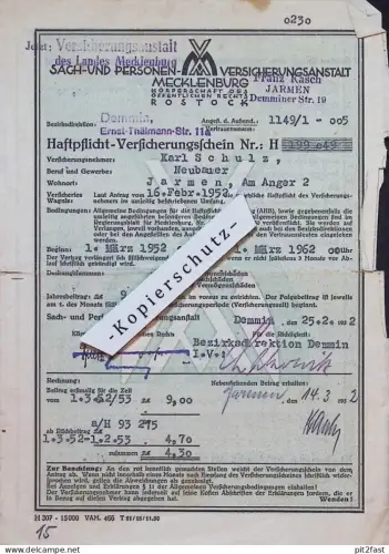 Karl Schulz in Jarmen b. Demmin , 1952 , altes Dokument , Franz Kasch , Versicherung , Rostock ,  Mecklenburg  !!