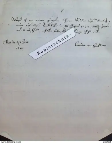 Caroline von Gentzkow in Ballin b. Burg Stargard , 1792 , altes Dokument , Adel Mecklenburg Strelitz , b. Neubrandenburg