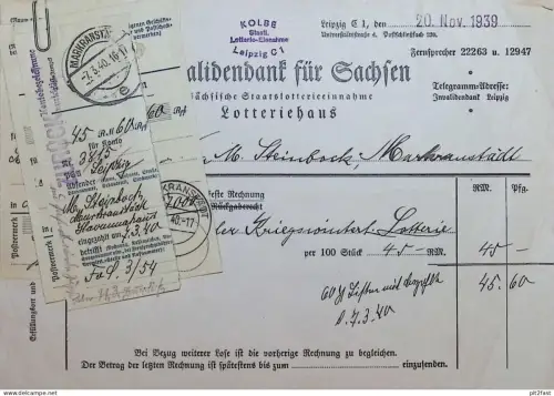 Invalidenbank für Sachsen , 1939 , M. Steinbock in Makranstädt - Lotterie , Kolbe in Leipzig , alte Dokumente !!