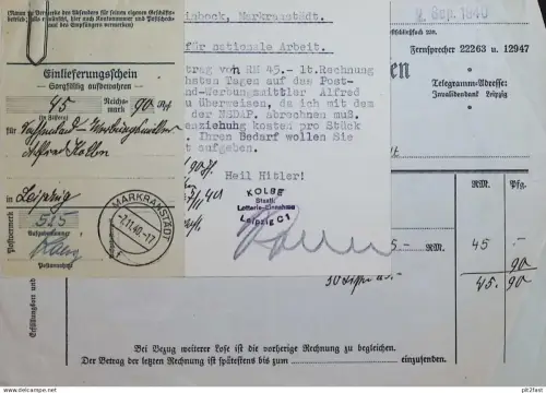 Invalidenbank für Sachsen , 1940 , M. Steinbock in Makranstädt - Lotterie für nationale Arbeit , alte Dokumente !!