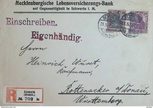 Lebensversicherungs-Bank in Schwerin i. Mecklenburg , 1920 , nach Rottenacker a. Donau , Ganzsache , Umschlag !!