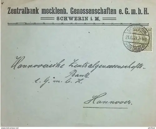 Zentralbank mecklenburgischer Genossenschaften in Schwerin , 1921 , Ganzsache , Umschlag !!