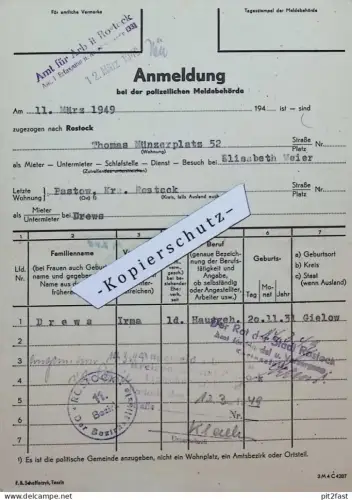 Amt für Arbeit in Rostock , 1949 , Irma Drews , Pastow , Elisabeth Meier , Wohnraum !!