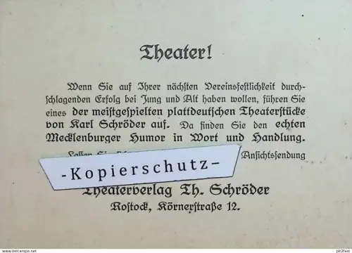 Theater - Theodor Schröder in Rostock , ca. 1915 , alte Reklamekarte , Werbung , Reklame , Plattdeutsch !!