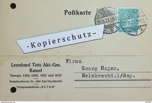 Leonhard Tietz AG in Kassel , 1927 , Georg Hagen in Helmbrecht i. Bayern , alte Postkarte !!