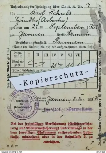 Bescheinigung der Polizei - Karl Schulz in Jarmen i. Pommern , 1930 , altes Dokument!!