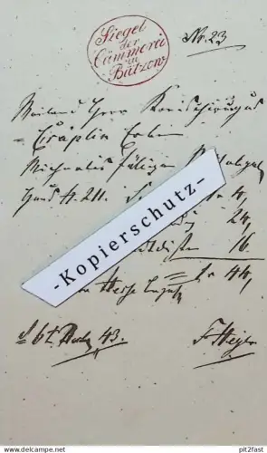 Siegel der Cämmerei zu Bützow , 1843 , altes Dokument!!