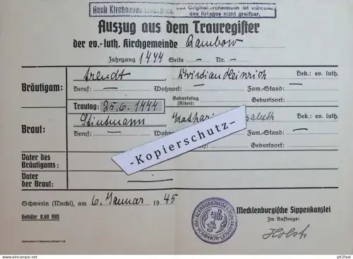 Sippenkanzlei - Kirche Rambow , 1945 , altes Dokument , Christian Arendt , Kath. Stintmann !!