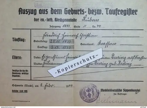 Sippenkanzlei - Kirche Lübow , 1944 , altes Dokument , H. During auf Krassow b. Zurow , J. Keding !!