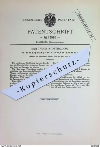 original Patent - Ernst Vogt , Ottmachau | 1887 | Seitenkupplung für Eisenbahnfahrzeuge | Eisenbahn - Kupplung | Lok !