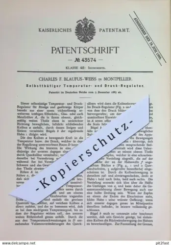 original Patent - Charles F. Blaufus - Weiss , Montpellier Frankreich | 1887 | Regulator für Druck & Temperatur | Regler