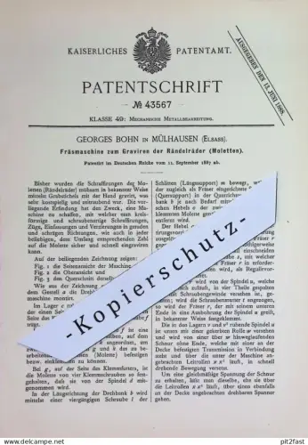 original Patent - Georges Bohn , Mülhausen , Elsass | 1887 | Fräsmaschine zum Gravieren | Fräse , Gravur | Moletten