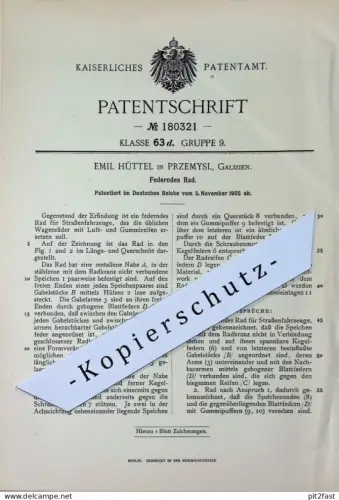 original Patent - Emil Hüttel , Przemysl , Galizien | 1905 | Federndes Rad | Wagenrad , Räder , Radreifen Reifen | Wagen