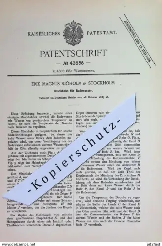 original Patent - Erik Magnus Sjöholm , Stockholm , Schweden | 1887 | Mischhahn f. Badewasser | Wasserhahn Mischbatterie