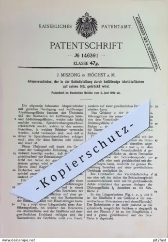 original Patent - J. Miszong , Höchst / Main | 1902 | Absperrschieber | Ventil , Rohr , Rohre | Klempner | Wasserleitung