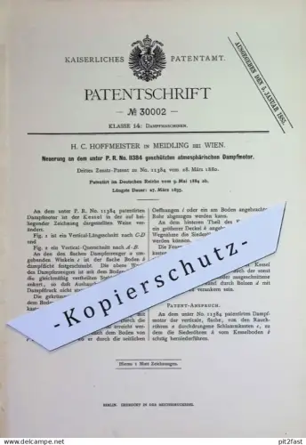 original Patent - H. C. Hoffmeister , Meidling / Wien Österreich 1884 | atmosphärischer Dampfmotor | Motor Dampfmaschine