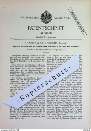 original Patent - N. Farina & Cia , Coruna , Spanien | 1890 | Befestigen von Schaft an der Schuhsohle | Schuhe Schuhwerk