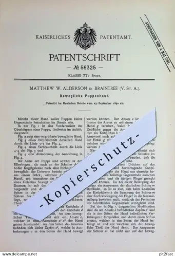 original Patent - Matthew W. Alderson , Braintree USA | 1890 | Bewegliche Puppenhand | Hand für Puppe | Puppen Spielzeug