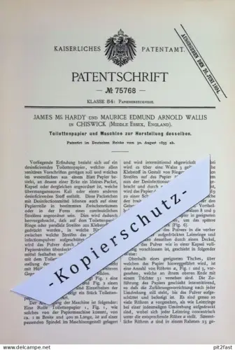 original Patent - James Mc Hardy , Maurice Edmund Arnold Wallis , Chiswick , Essex , England | 1893 | Toilettenpapier