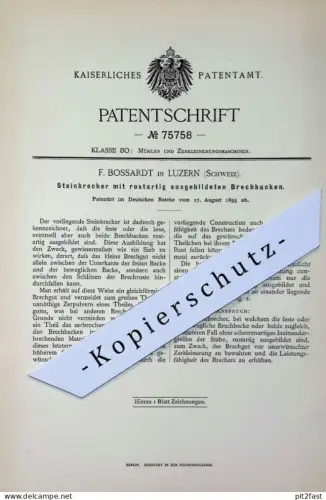 original Patent - Bossardt , Luzern , Schweiz | 1893 | Steinbrecher | Mühle , Mühlen | Schere | Stein brechen