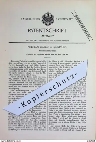 original Patent - Wilhelm Bessler , Meiningen | 1893 | Fleischhackmaschine | Fleisch - Hackmaschine | Schlachterei !!