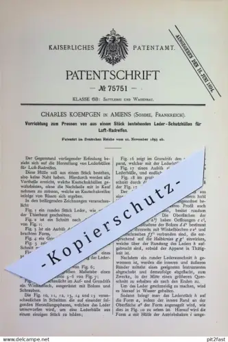 original Patent - Charles Koempgen , Amiens , Somme Frankreich | 1893 | Leder - Schutzhülle f. Luft - Radreifen | Reifen