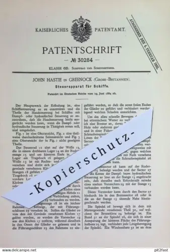 original Patent - John Hastie , Greenock , England | 1884 | Steuerapparat für Schiffe | Schiffssteuer | Schiff , Boot