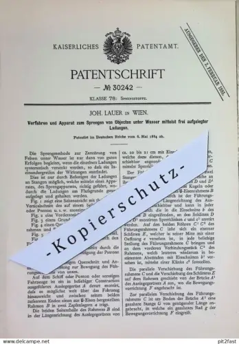 original Patent - Joh. Lauer , Wien , Österreich | 1884 | Sprengen von Objekten unter Wasser | Sprengstoff , Sprengung