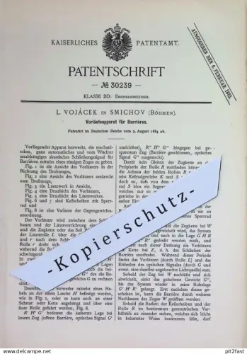 original Patent - L. Vojácek , Smichov , Böhmen | 1884 | Vorläuteapparat für Barrièren | Eisenbahn , Bahn , Signal