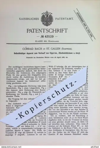 original Patent - Conrad Bach , St. Gallen , Schweiz | 1887 | Automat zum Verkauf von Zigarren , Zündholzbüchsen | Kasse