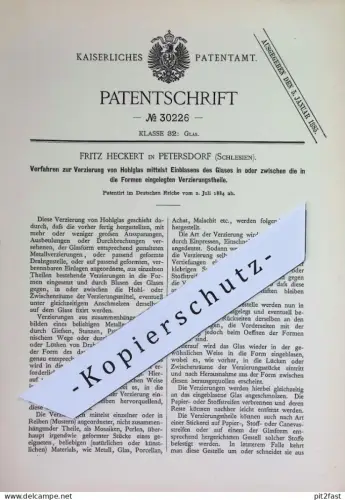 original Patent - Fritz Heckert , Petersdorf , Schlesien | 1884 | Verzierung von Hohlglas | Glas , Glasbläser , Gläser