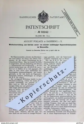 original Patent - August Pollack , Radeberg | 1896 | Regenerativheizsystem bei Wannenofen | Glas - Schmelzofen | Ofen