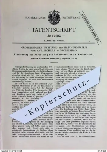 original Patent - Webstuhl- & Maschinenfabrik vorm. Ant. Zschille , Grossenhain | 1881 | Wechselstuhl | Webstuhl | Weber