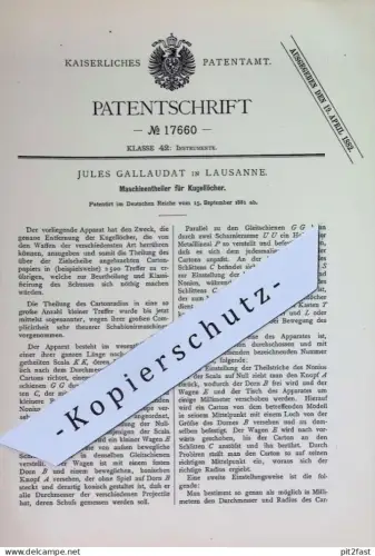 original Patent - Jules Gallaudat , Lausanne , Schweiz | 1881 | Maschinenteile für Kugellöcher | Kugel - Loch | Waffen