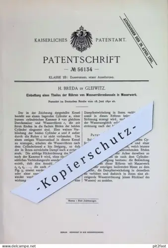 original Patent - H. Breda , Gleiwitz | 1890 | Röhren von Wasserröhrenkesseln in Mauerwerk | Kessel , Dampfkessel , Rohr