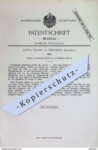 original Patent - Otto Thost , Zwickau , Sachsen | 1890 | Rost , Ofenrost | Feuerung , Ofen , Öfen , Ofenbauer