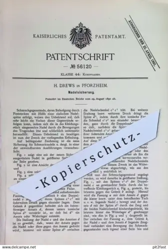 original Patent - H. Drews , Pforzheim | 1890 | Nadelsicherung | Schmucknadel , Nadel , Brosche , Schmuck !!