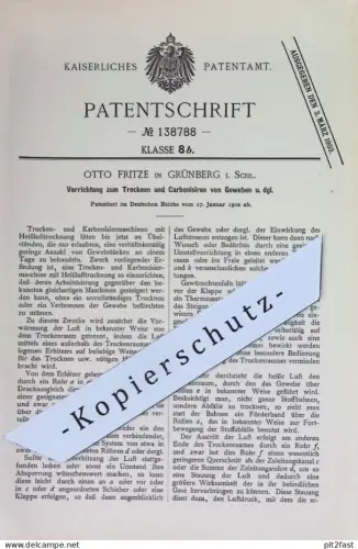 original Patent - Otto Fritze , Grünberg , Schlesien | 1902 | Trocknen & Karbonisieren von Gewebe | Heißluft - Trocknung