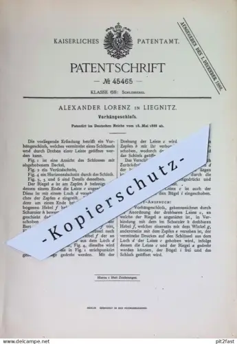 original Patent - Alexander Lorenz , Liegnitz | 1888 | Vorhängeschloss | Schloss , Türschloss , Schlosserei !!