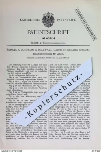 original Patent - Samuel A. Johnson , Millwall , Middlesex , England | 1888 | Schutz an Lampen | Brenner , Öllampe