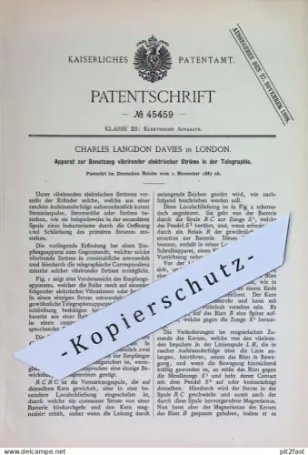 original Patent - Charles Langdon Davies , London , England | 1887 | vibrierende elektrische Ströme in der Telegraphie