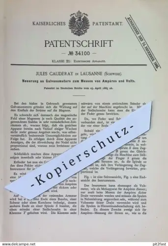original Patent - Jules Cauderay , Lausanne Schweiz | 1885 | Galvanometer zum Messen von Ampère & Volt | Elektrik Strom