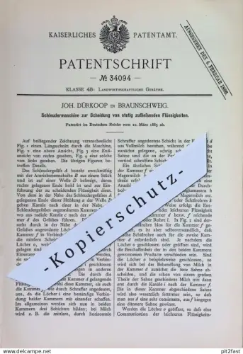 original Patent - Joh. Dürkoop , Braunschweig | 1885 | Schleuder für Flüssigkeiten | Milchschleuder | Landwirtschaft