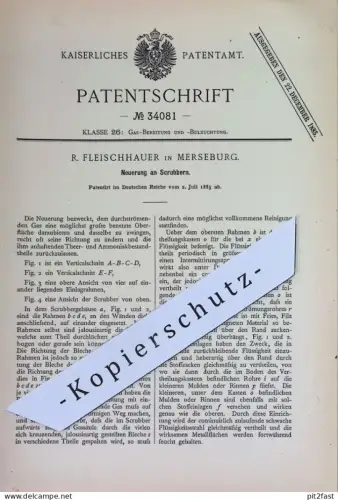 original Patent - R. Fleischhauer , Merseburg | 1885 | Scrubber | Gas - Bereitung | Gasbeleuchtung , Gas , Brenner !