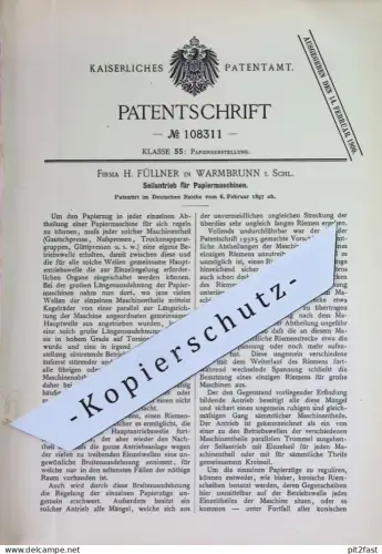 original Patent - H. Füllner , Warmbrunn , Schlesien | 1897 | Seilantrieb für Papiermaschine | Papier , Presse , Pressen