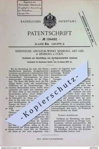 original Patent - Rheinische Linoleum Werke Bedburg AG bei Köln | 1906 | durchgemustertes Linoleum | Inlaidlinoleum !